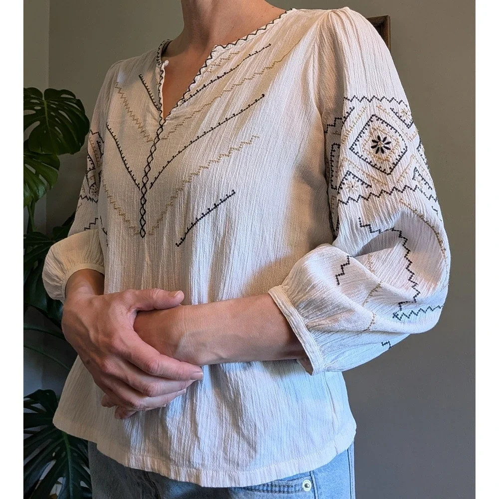 Madewell Peasant Top‎ 100% Cotton Cream Embroidered Puff Sleeve Notch Neck Boho